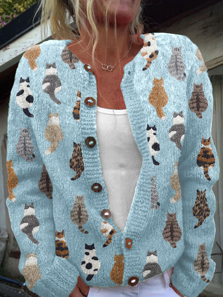 Cat Pattern Knit Button Cardigan
