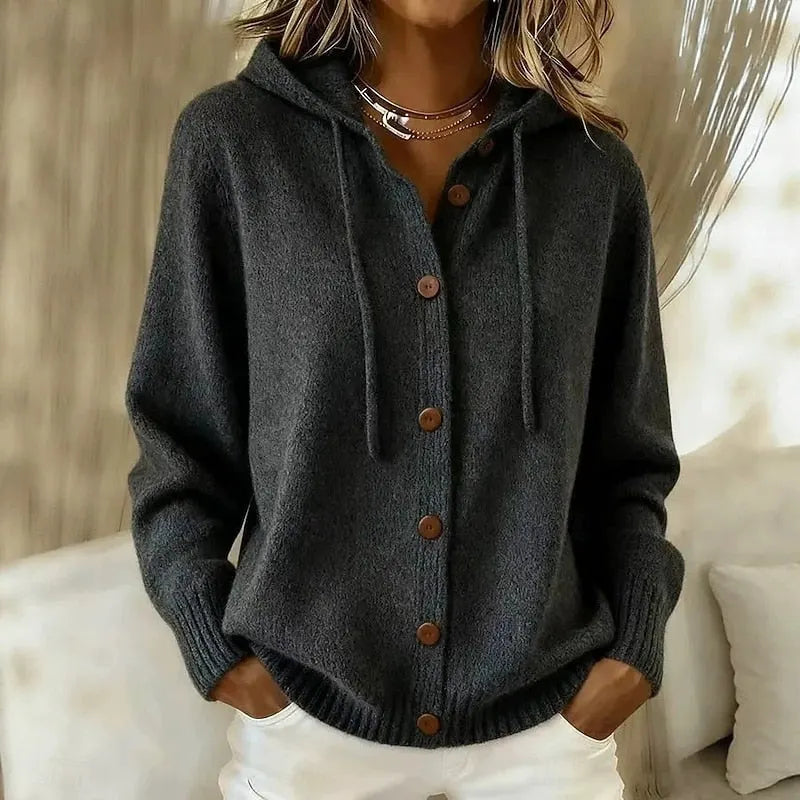 Hooded Button-Up Soft Knit Cardigan