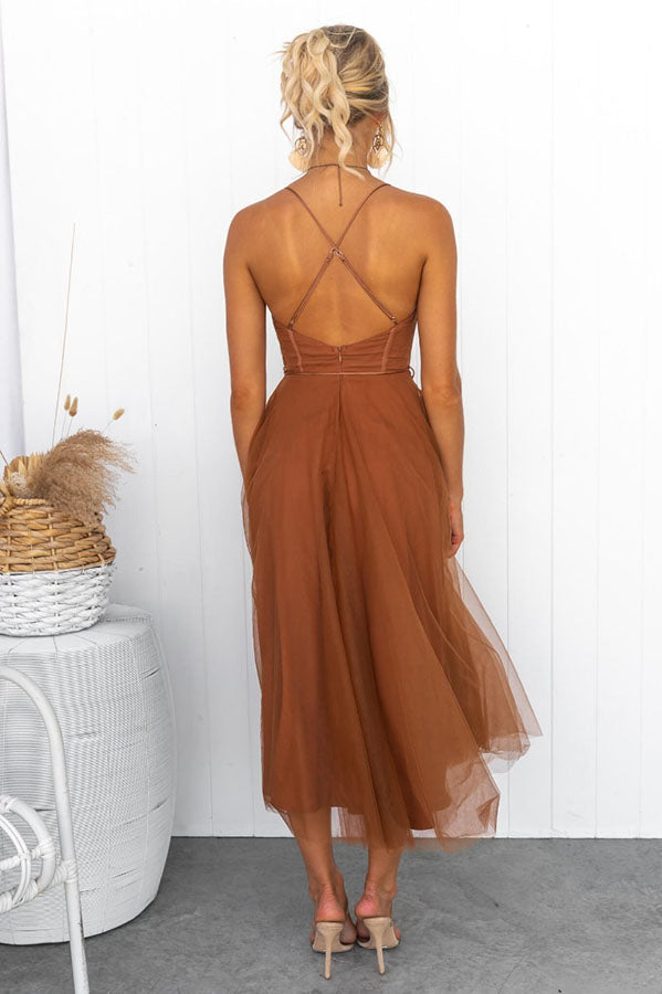 Summer Corset Midi Dress with Tulle Skirt & Spaghetti Straps
