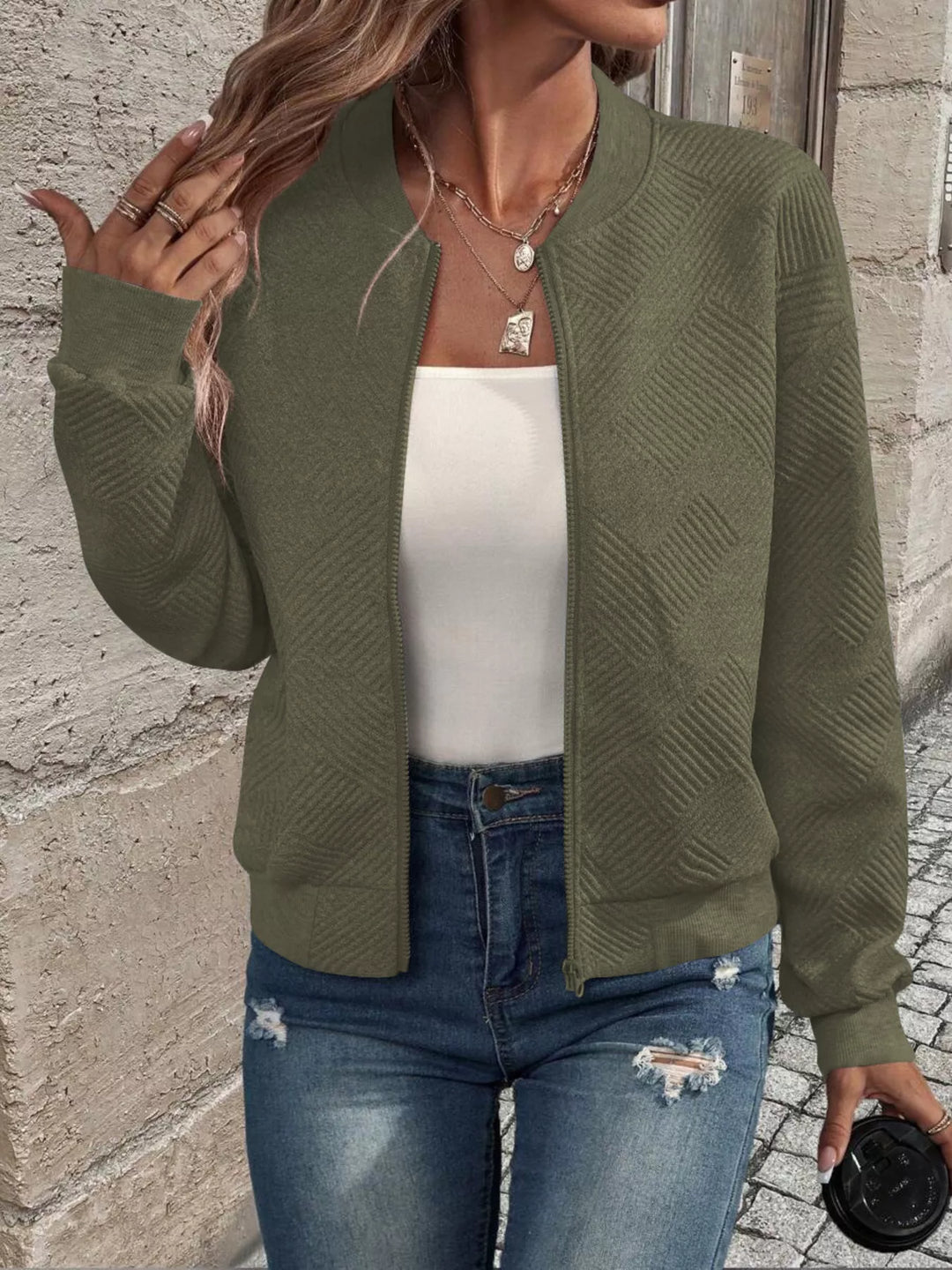 Textured Zip-Up Bomber Jacket