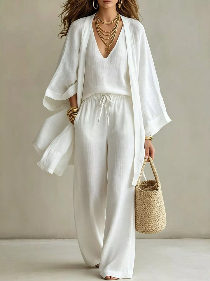 V-Neck Top, Cardigan & Pants Three-Piece Set