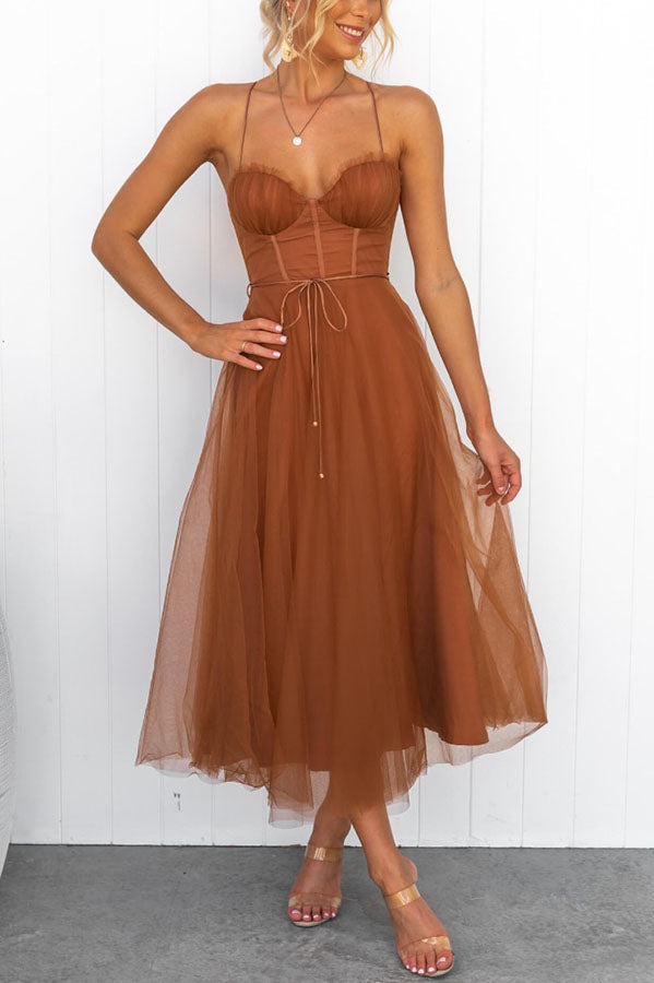 Summer Corset Midi Dress with Tulle Skirt & Spaghetti Straps