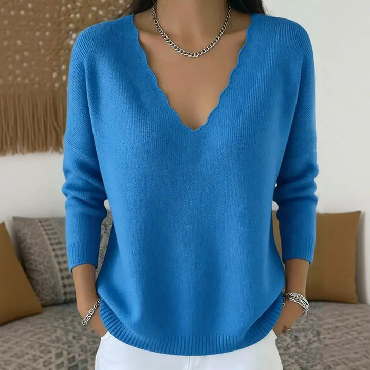 Scalloped V-Neck Knit Sweater