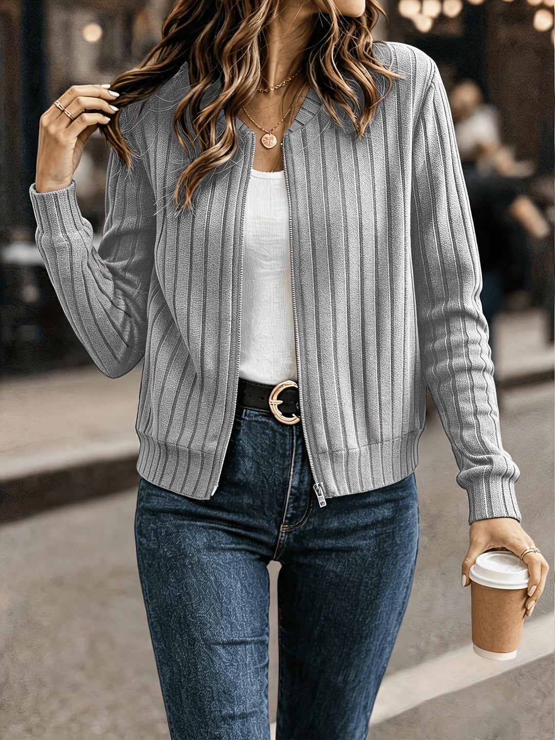 Ribbed Zip-Up Knit Cardigan