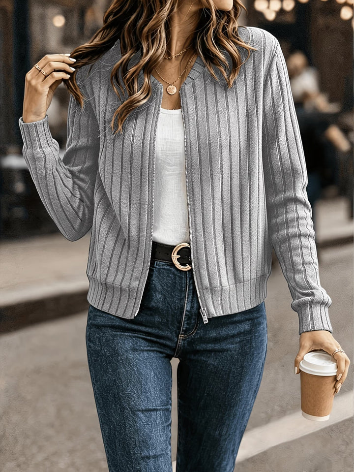 Ribbed Zip-Up Knit Cardigan