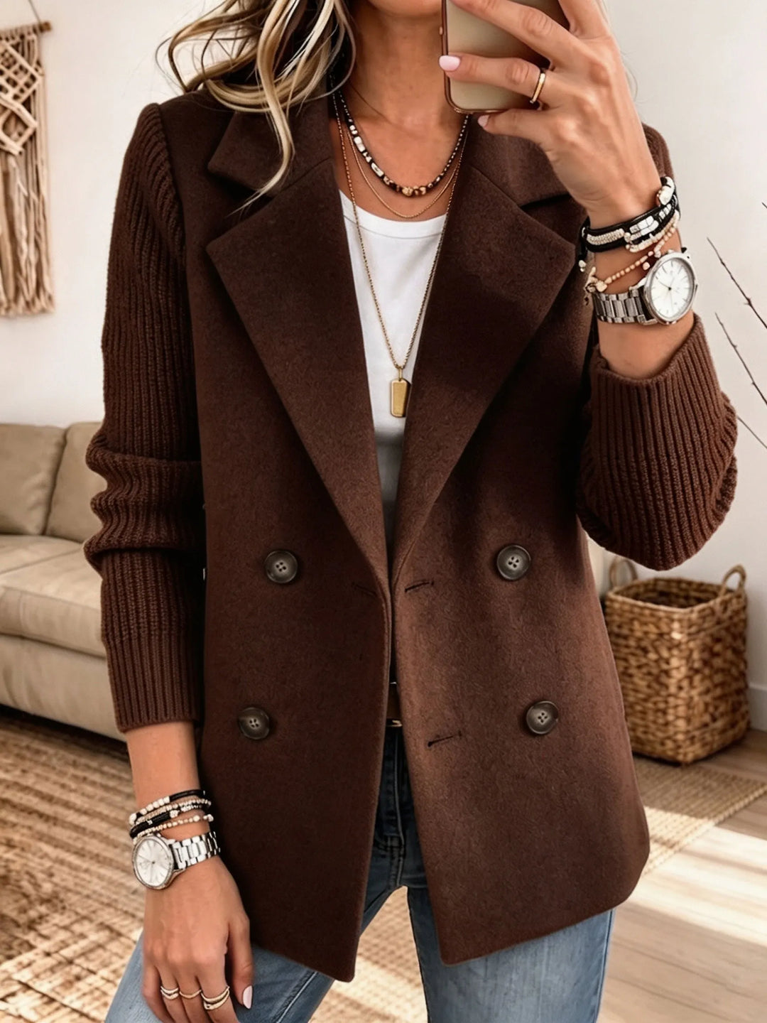 Double-Breasted Jacket with Ribbed Knit Sleeves