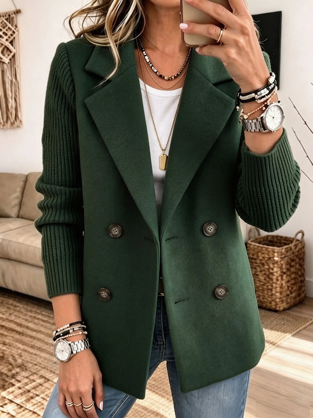 Double-Breasted Jacket with Ribbed Knit Sleeves