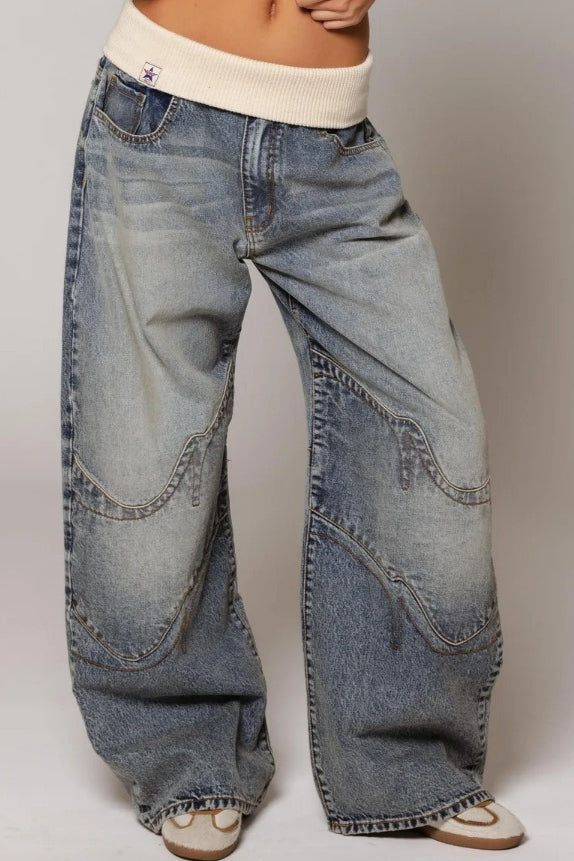 Y2K Retro Rolled-Waist Washed Blue Jeans