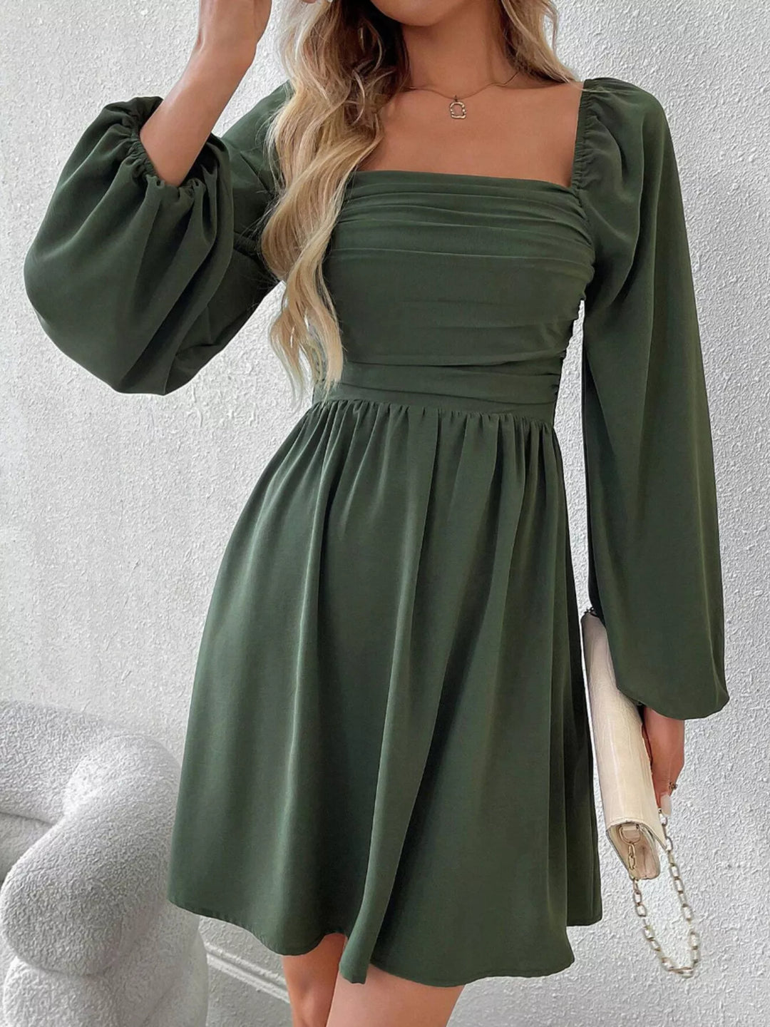 Ruched Square Neck Long Sleeve A-Line Dress