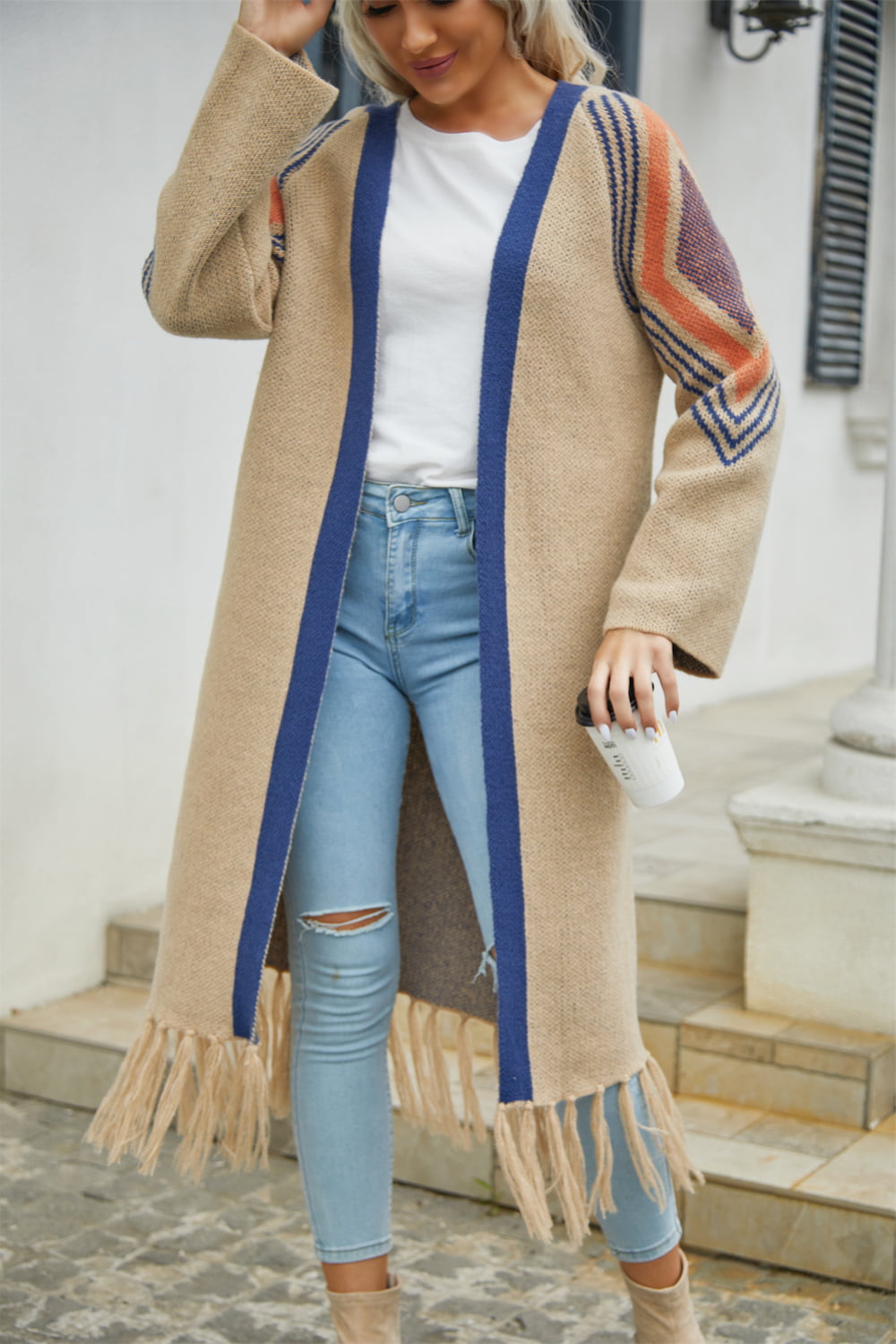 Fringe Hem Open Front Duster Cardigan