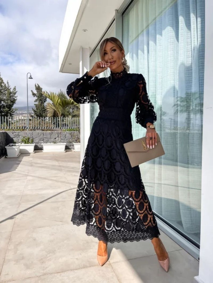 Lace Summer Dress with Puff Sleeves and High Neck for Women