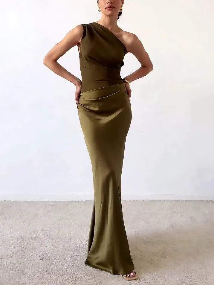 Elegant One-Shoulder Pleated Maxi Dress