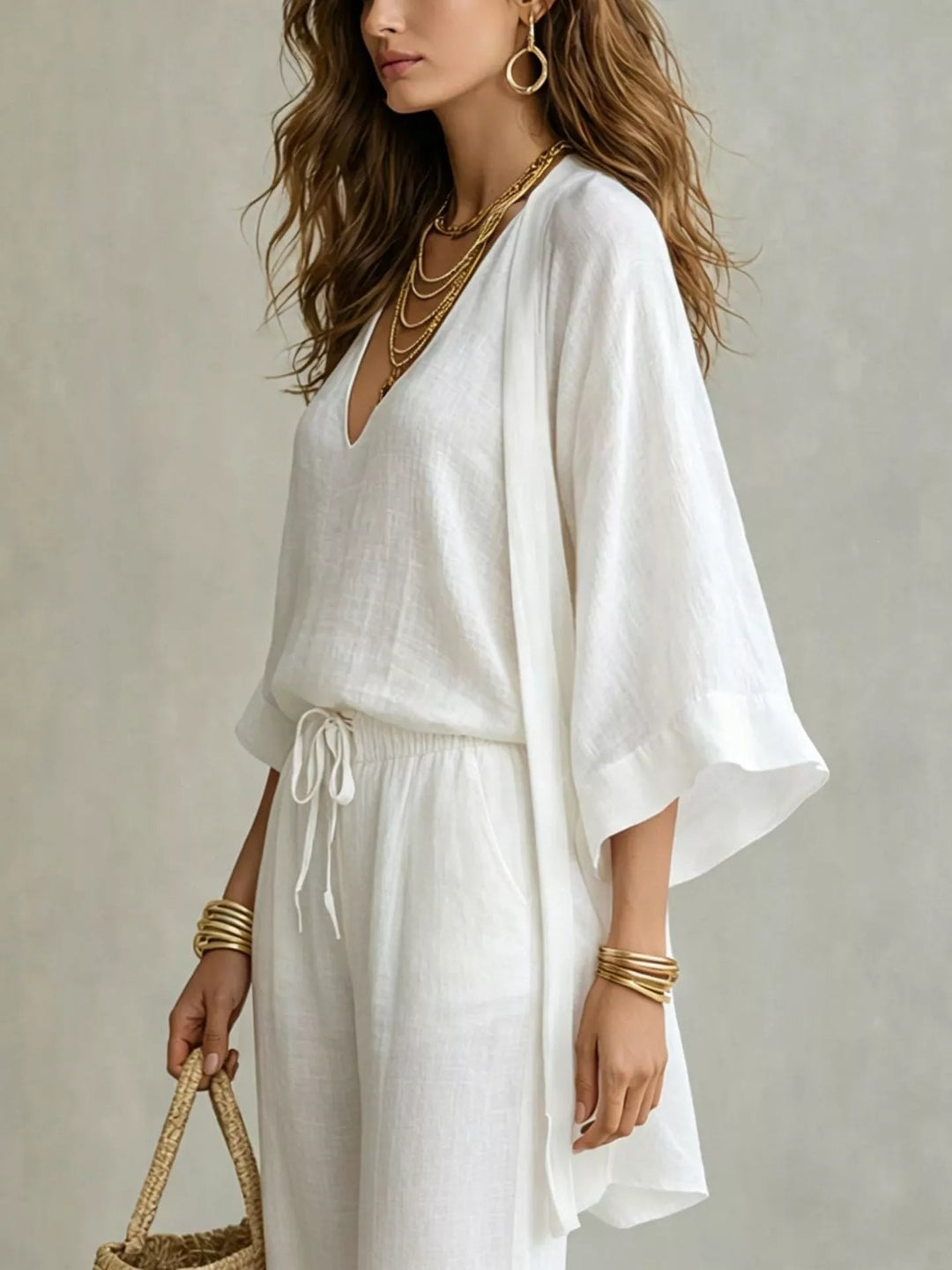 V-Neck Top, Cardigan & Pants Three-Piece Set
