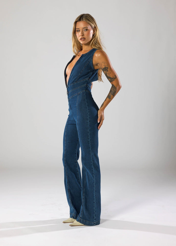Denim Jumpsuit – Deep V-Neck & Flared Legs