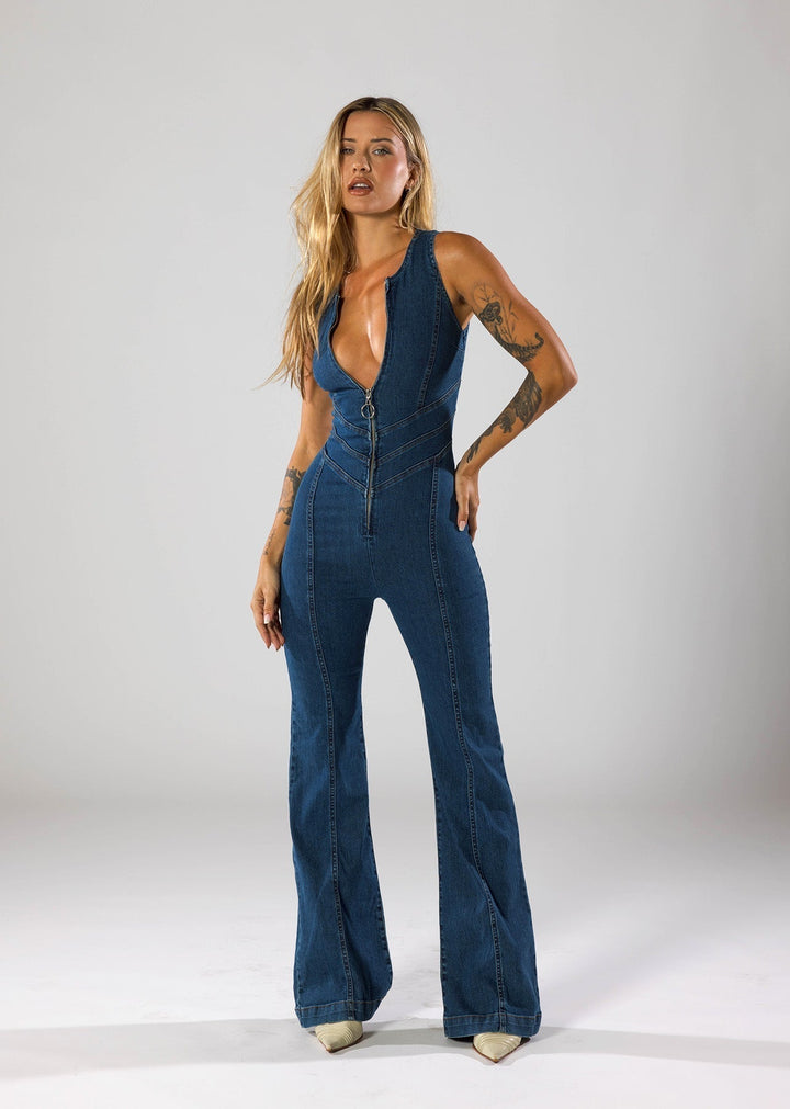 Denim Jumpsuit – Deep V-Neck & Flared Legs
