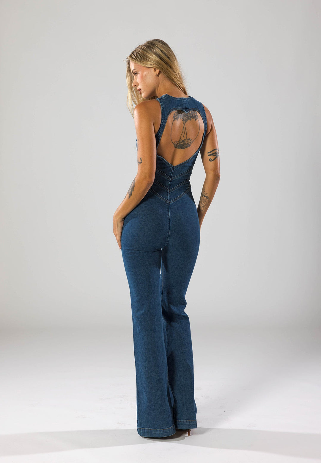 Denim Jumpsuit – Deep V-Neck & Flared Legs