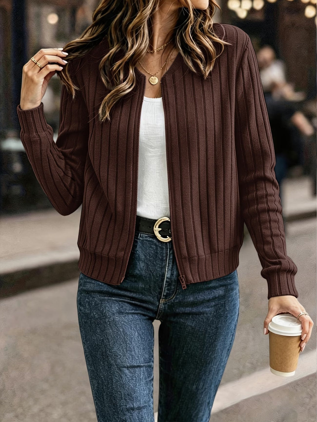 Ribbed Zip-Up Knit Cardigan