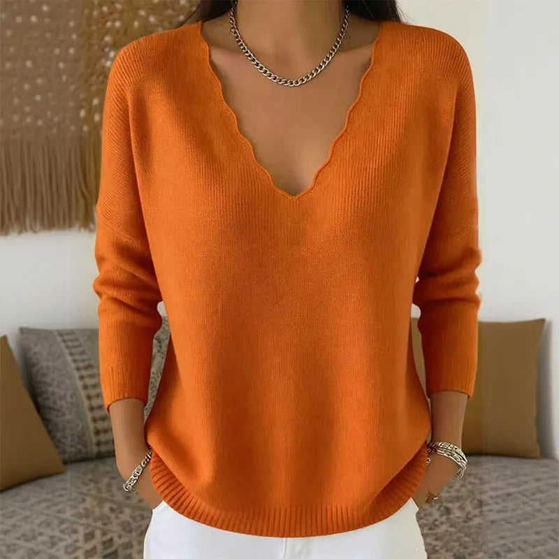 Scalloped V-Neck Knit Sweater