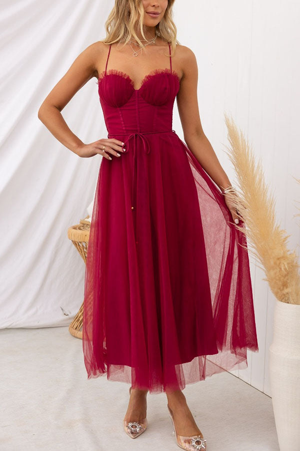Summer Corset Midi Dress with Tulle Skirt & Spaghetti Straps