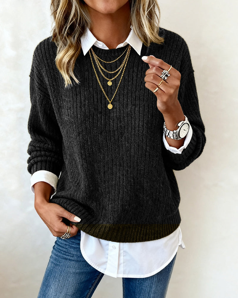 Layered Shirt-Collar Knit Sweater