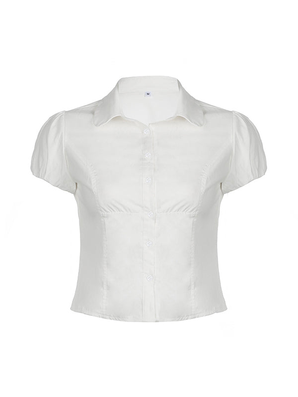 Vintage Slim Waist V-Neck Short Sleeve Shirt