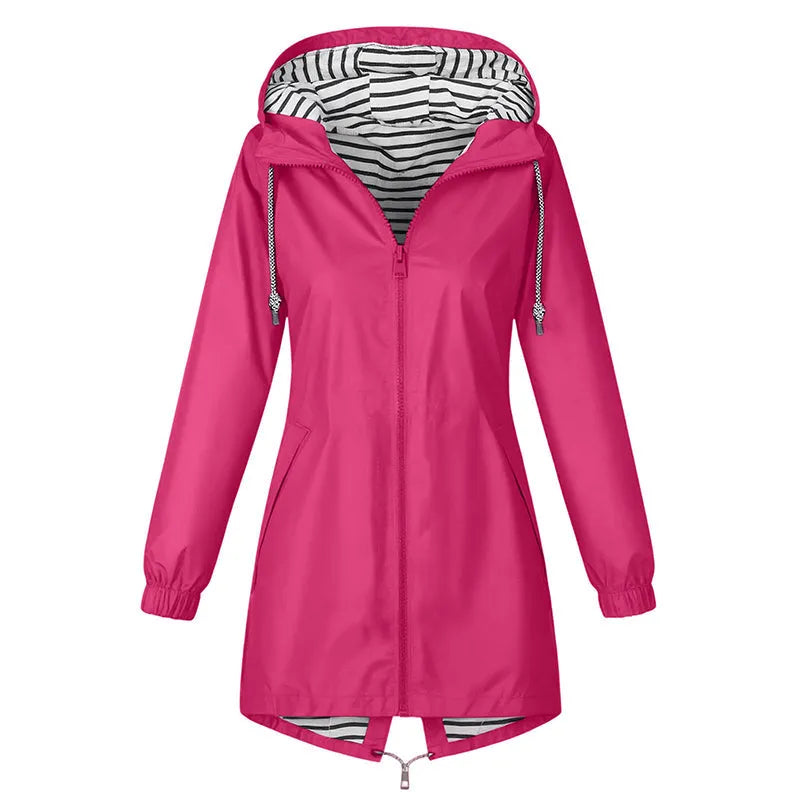 Long Hooded Raincoat with Striped Lining