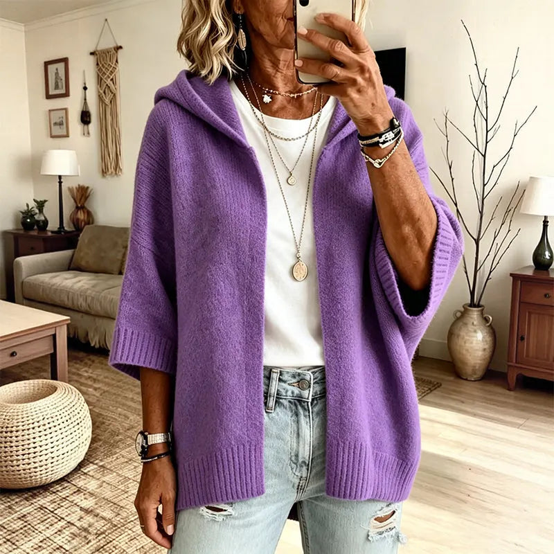 Hooded 3/4 Sleeve Knit Cardigan