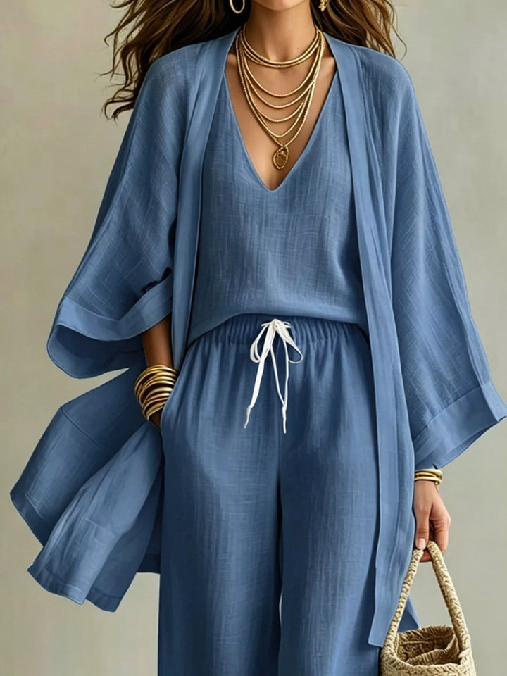 V-Neck Top, Cardigan & Pants Three-Piece Set