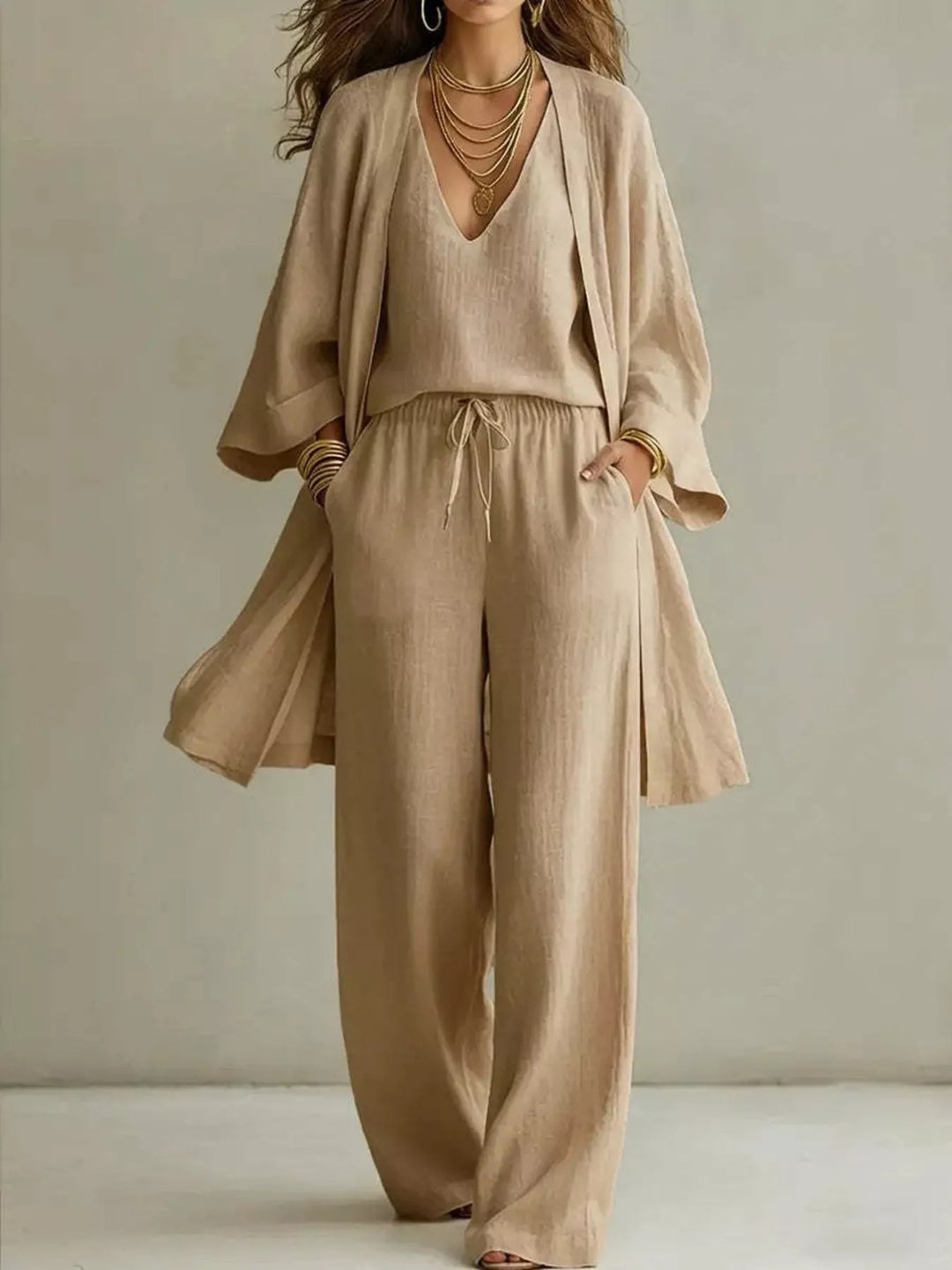 V-Neck Top, Cardigan & Pants Three-Piece Set