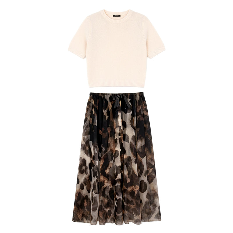 Short Sleeve Sweater & Leopard Maxi Skirt Set