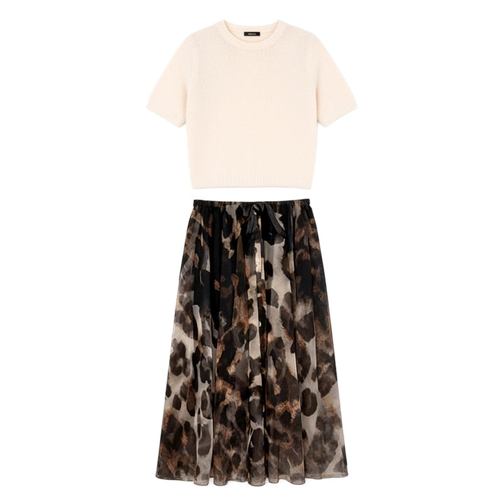 Short Sleeve Sweater & Leopard Maxi Skirt Set
