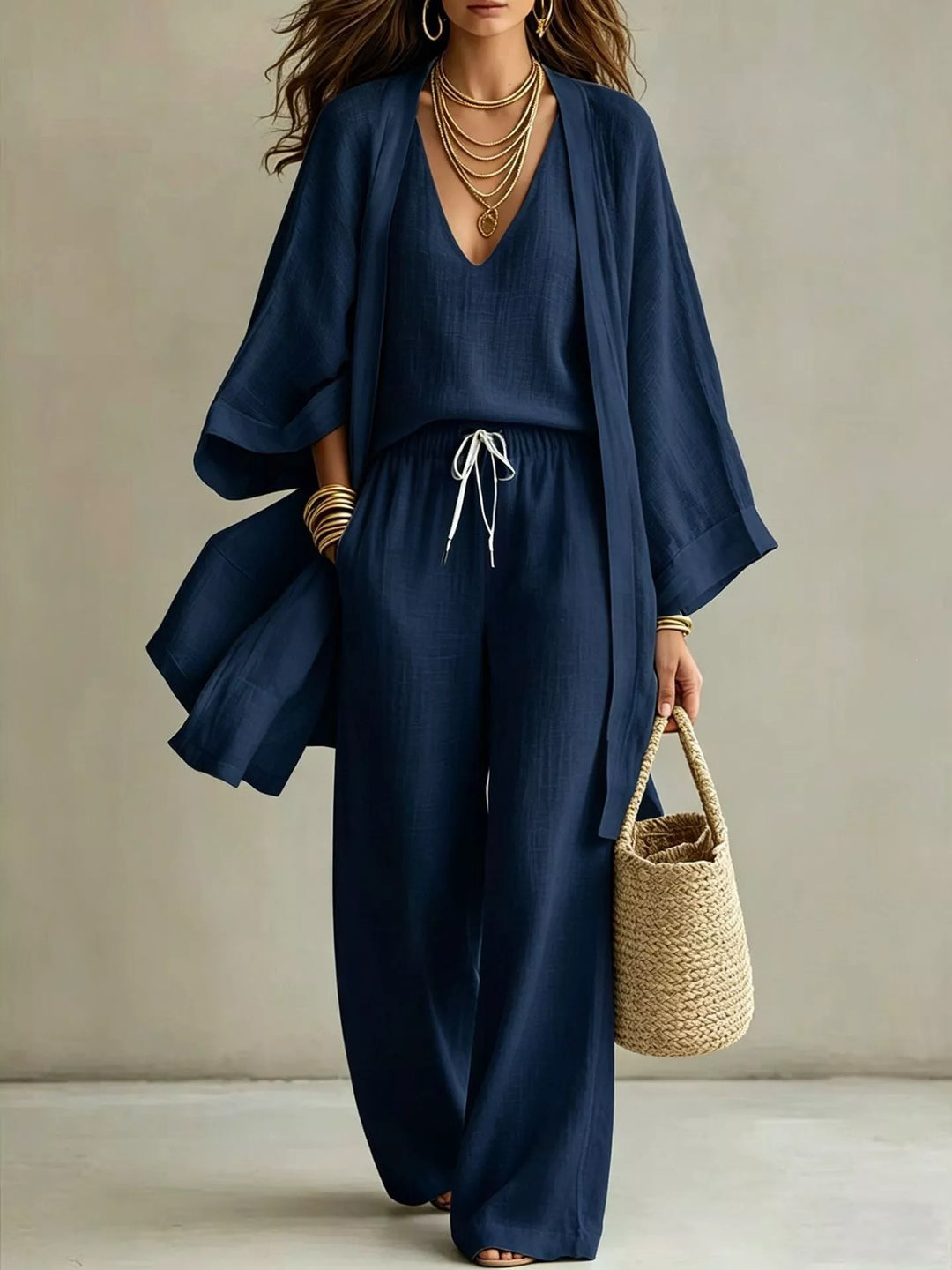 V-Neck Top, Cardigan & Pants Three-Piece Set