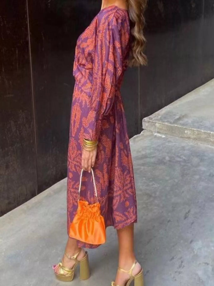 Printed V-Neck Long Sleeve Twisted Midi Dress