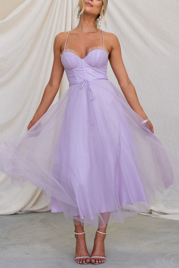 Summer Corset Midi Dress with Tulle Skirt & Spaghetti Straps