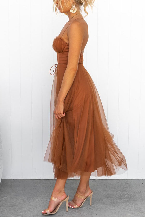 Summer Corset Midi Dress with Tulle Skirt & Spaghetti Straps