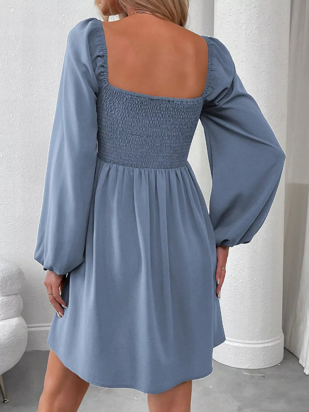 Ruched Square Neck Long Sleeve A-Line Dress