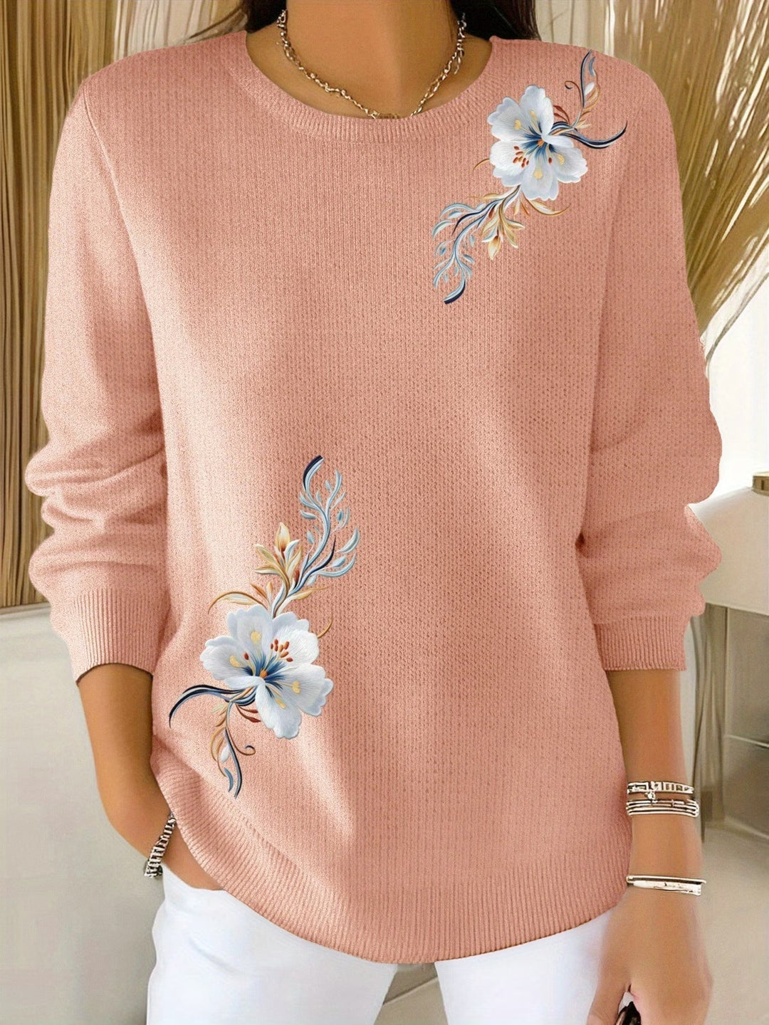 Floral Print Crew Neck Knit Sweater