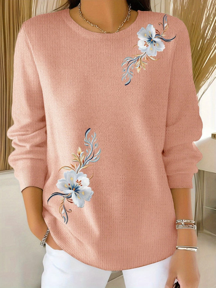 Floral Print Crew Neck Knit Sweater