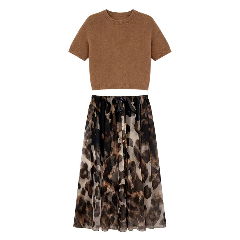 Short Sleeve Sweater & Leopard Maxi Skirt Set