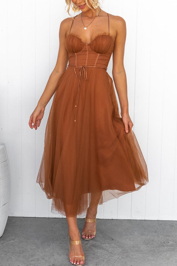 Summer Corset Midi Dress with Tulle Skirt & Spaghetti Straps