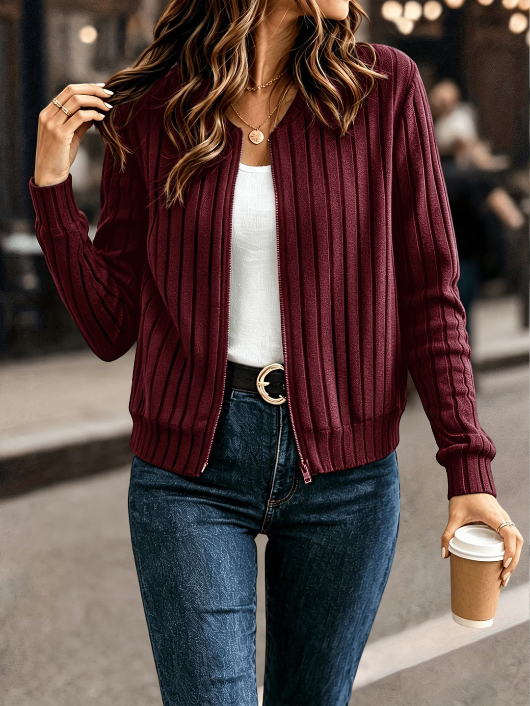 Ribbed Zip-Up Knit Cardigan