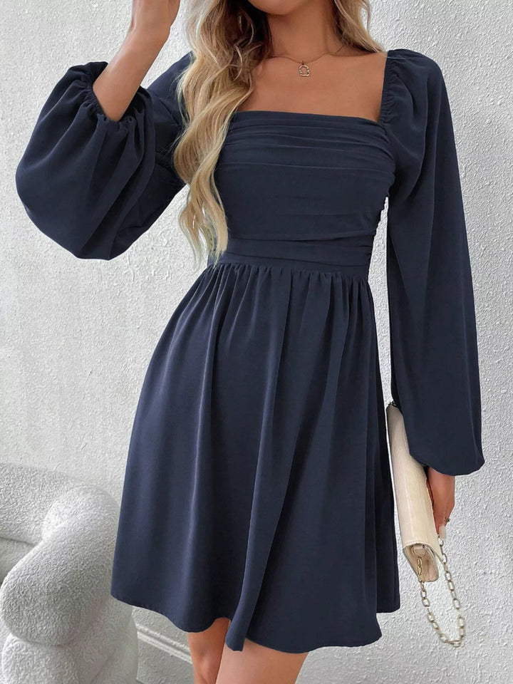 Ruched Square Neck Long Sleeve A-Line Dress