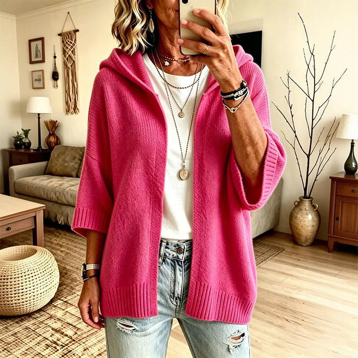 Hooded 3/4 Sleeve Knit Cardigan