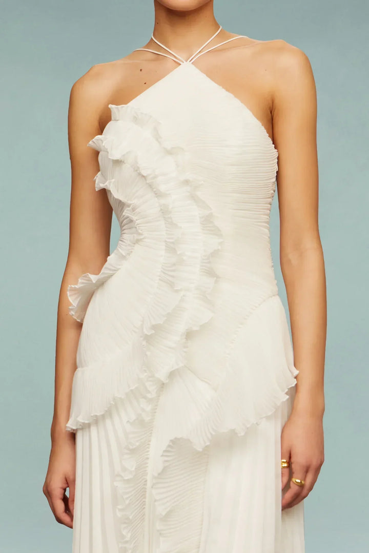 Elegant Ruffle Maxi Dress with Halter Neckline