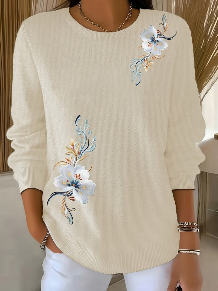 Floral Print Crew Neck Knit Sweater
