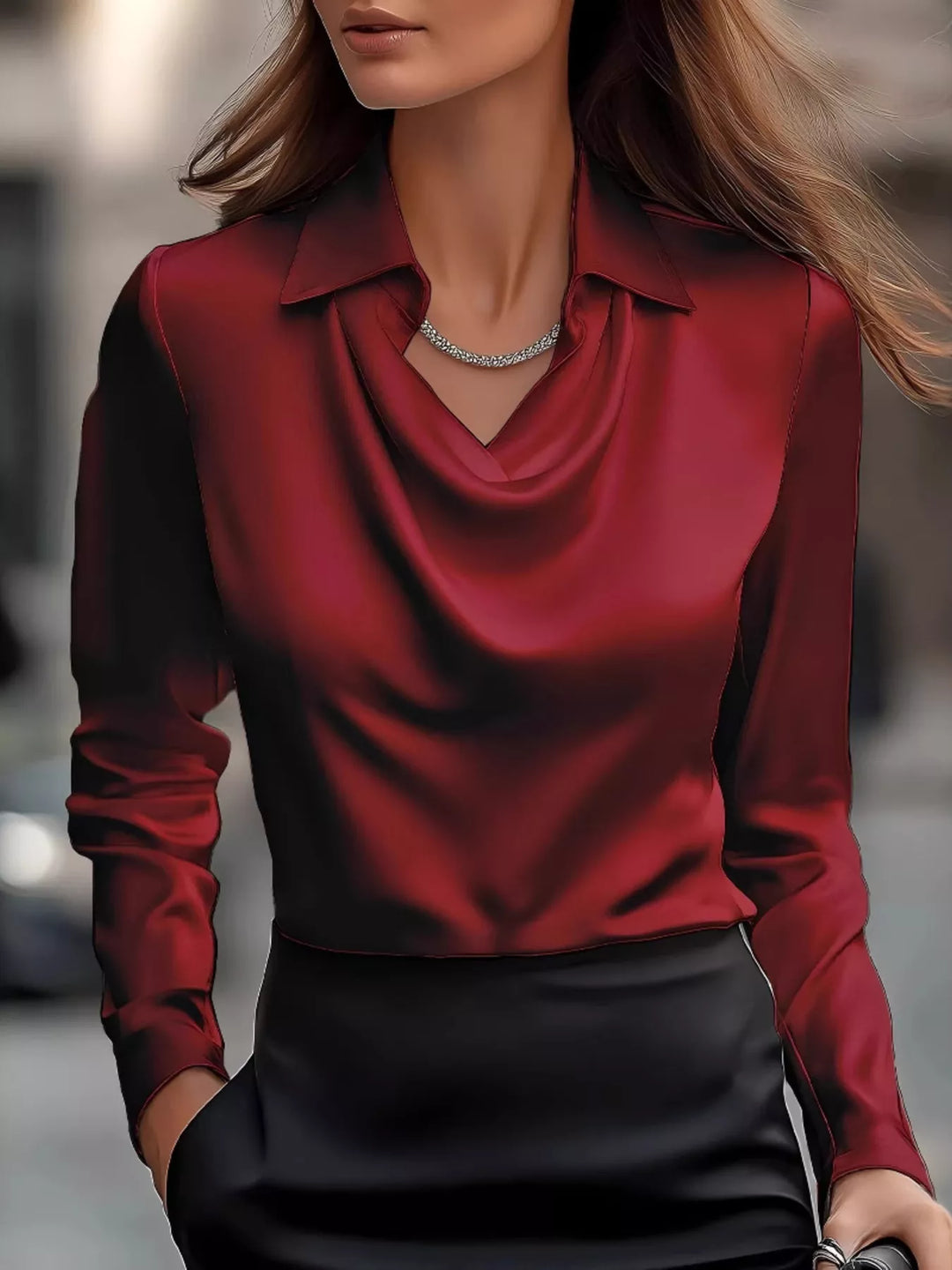 Satin Cowl Neck Long Sleeve Blouse