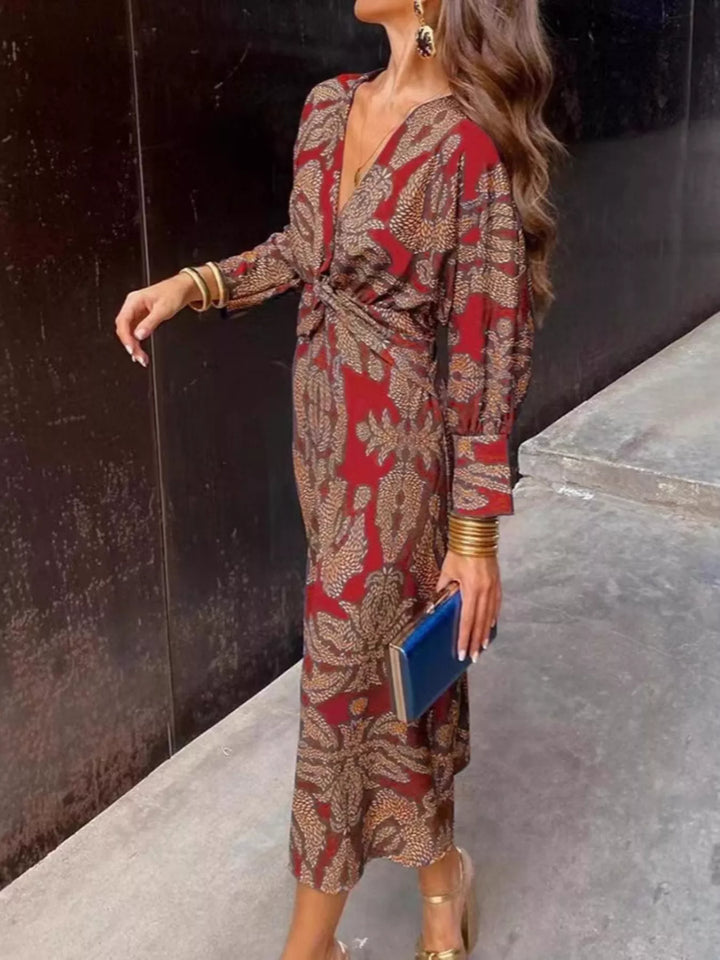 Printed V-Neck Long Sleeve Twisted Midi Dress
