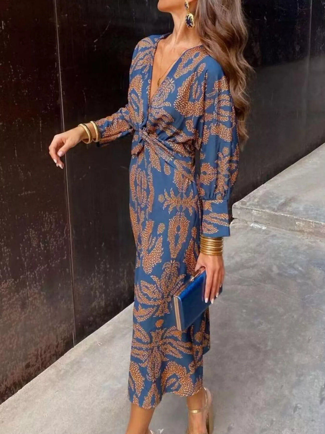 Printed V-Neck Long Sleeve Twisted Midi Dress