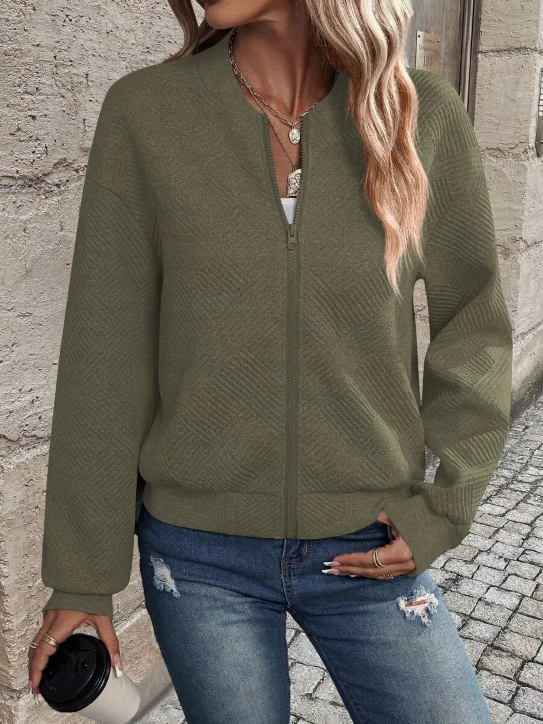 Textured Zip-Up Bomber Jacket