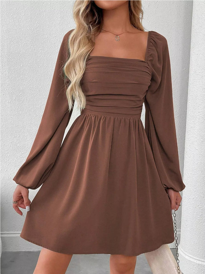 Ruched Square Neck Long Sleeve A-Line Dress